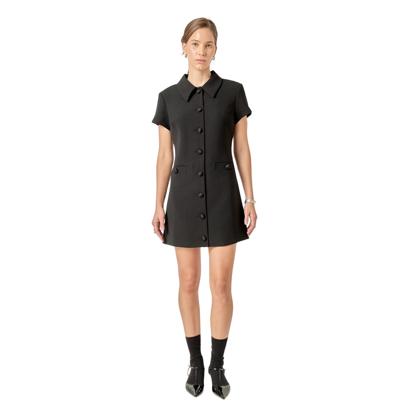 Button Collar Mini Dress,  Black XS