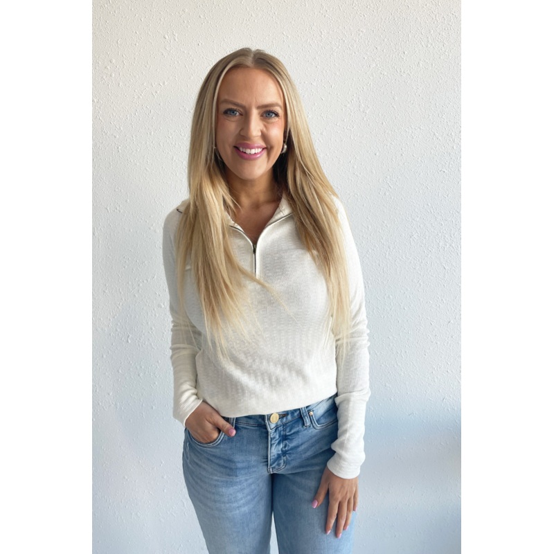 Half Zip Thumb-Hole Long Sleeve Top Small Antique White