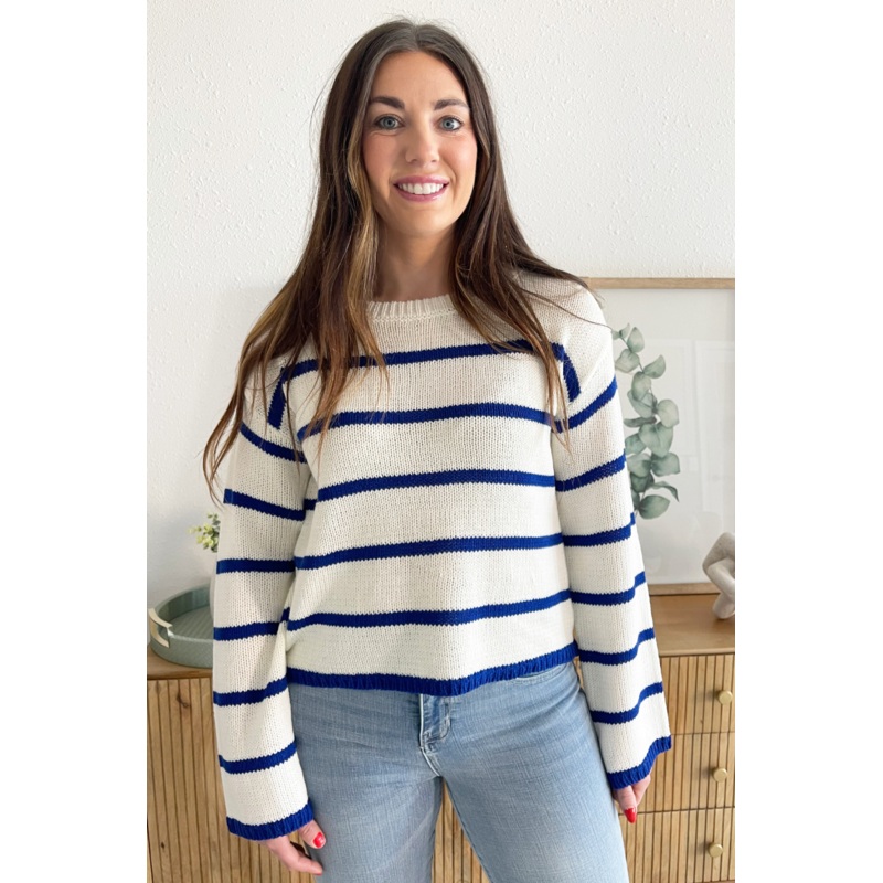 Lace Up Back Stripe Sweater Small Off White/Blue