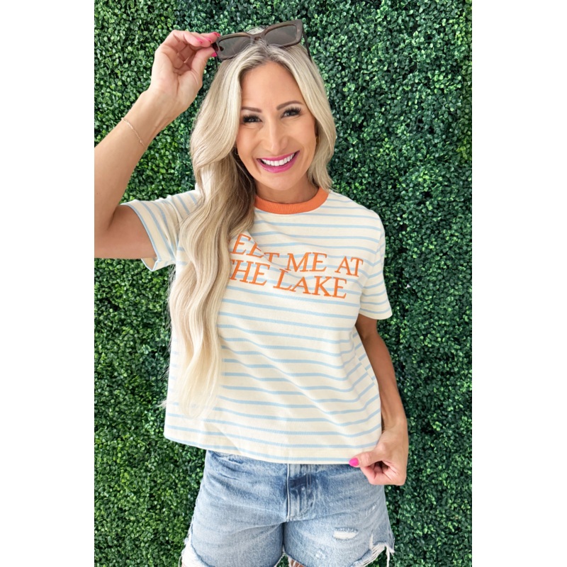 ‘Meet Me at the Lake’ Striped Knit Top Small Cream/Sky