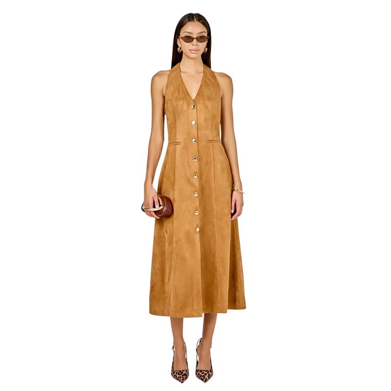 Suede Midi Dress, Tan XS