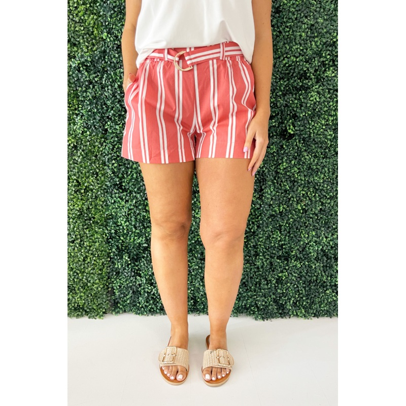 Belted Elastic Waistband Striped Shorts Small Coral Stripe