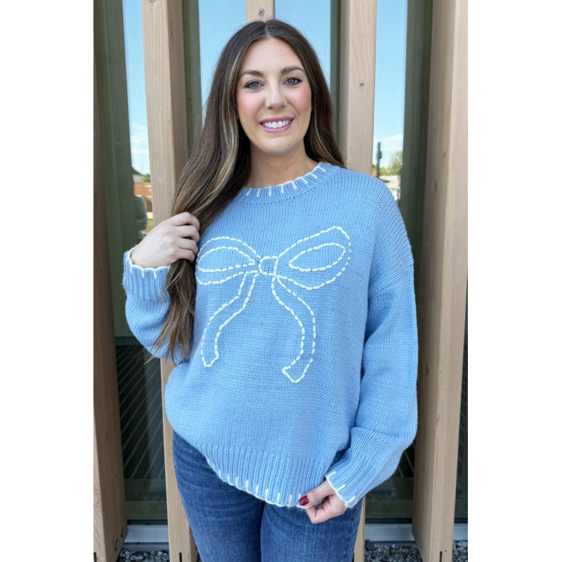 Bow Sweater With Stitching XS Powder Blue