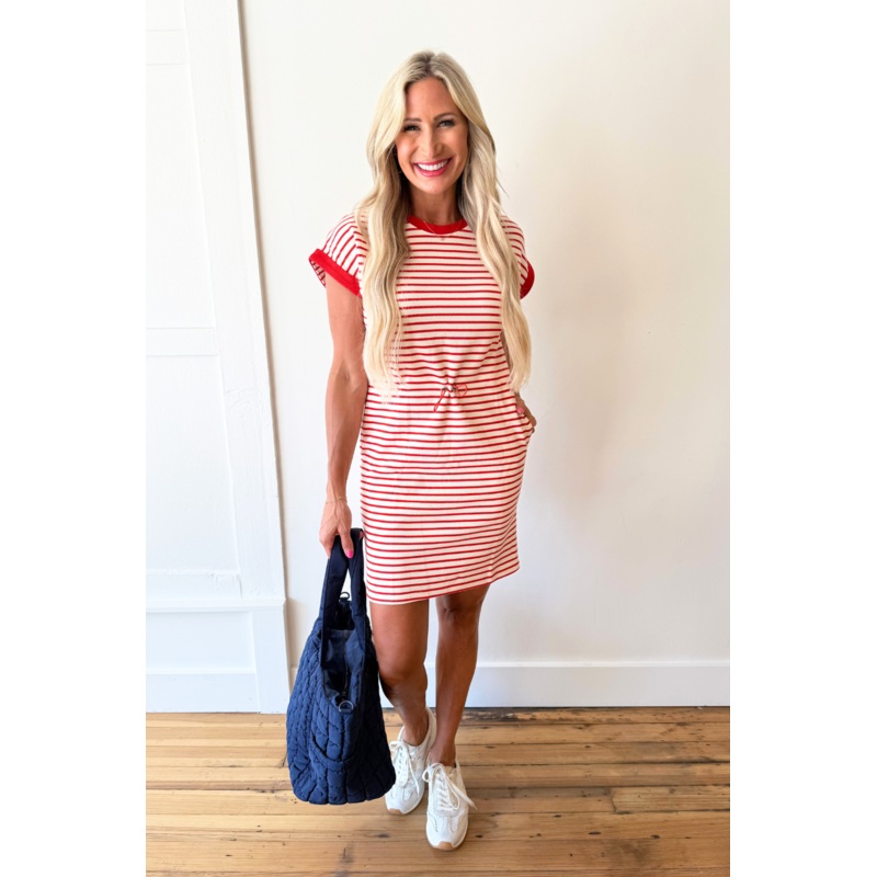 Cap Sleeve Elastic Waist Dress Small Red