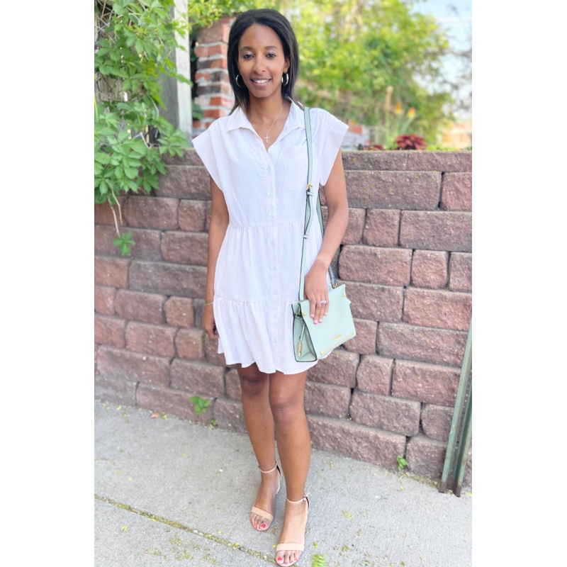 Collared Tiered Button Down Dress XS Tan Seersucker