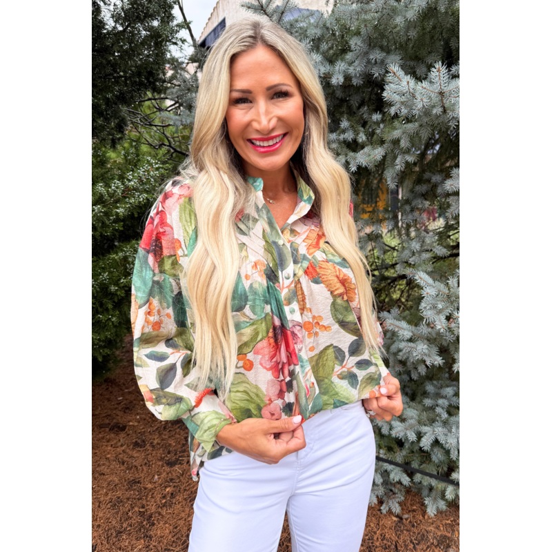 Floral Printed Button Down Top Small Forest Bloom