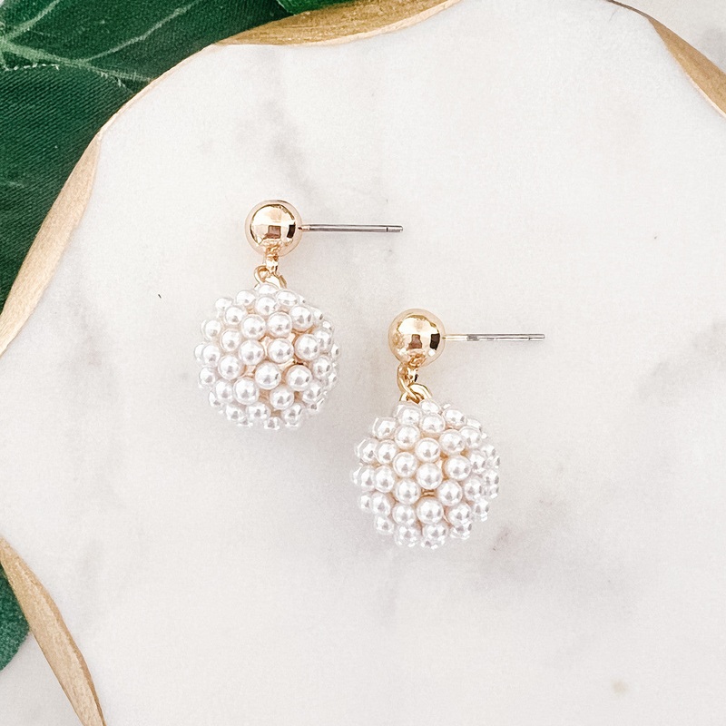Pearl Pave Ball Dangle Earrings Gold