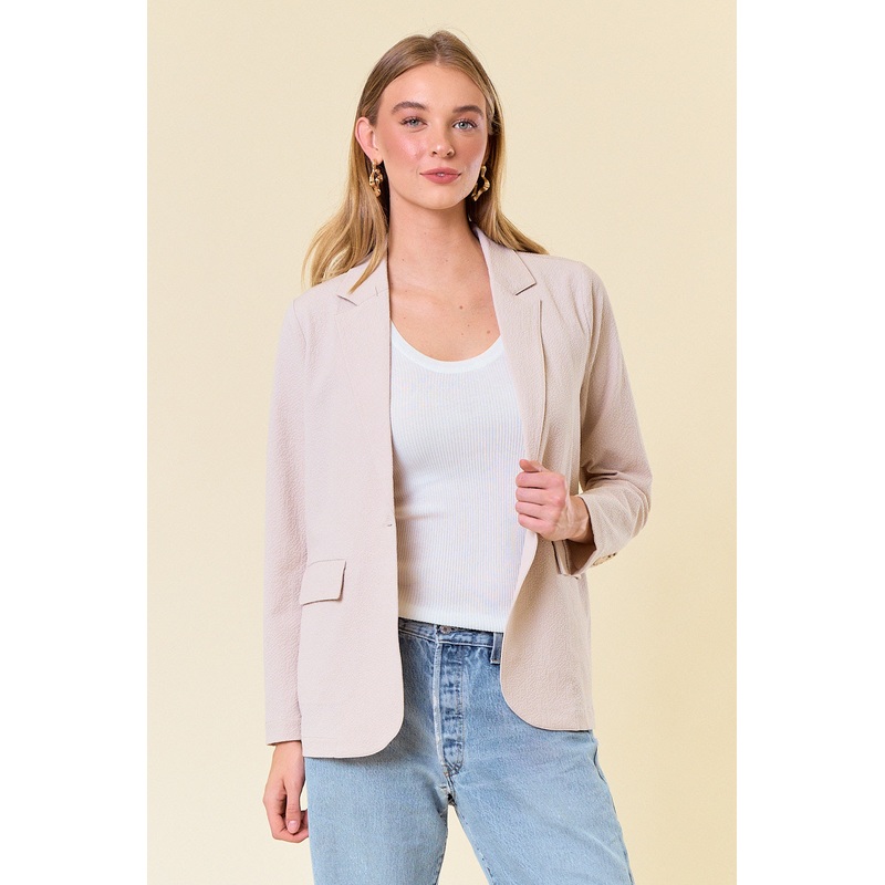 Seersucker Oversized Blazer with Front Flap Pocket Small Sand