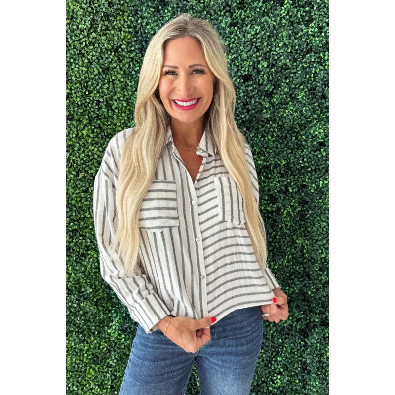Stripe Button Down Front Pocket Blouse Small Grey