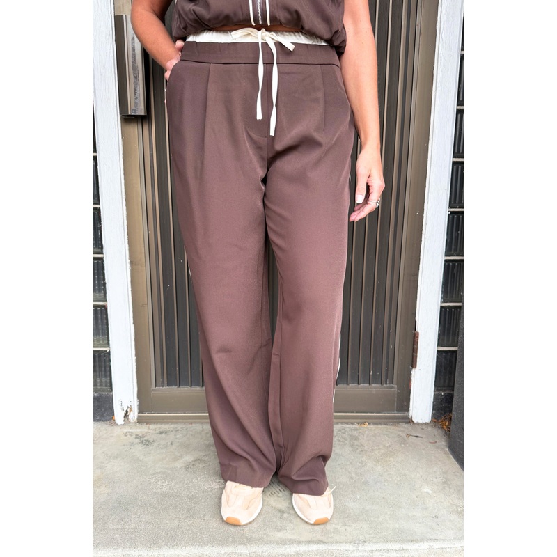 Contrast Waisted Band Wide Leg Pants Small Brown