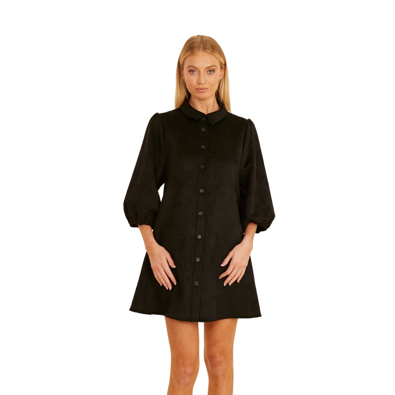 Faux Suede Puff Sleeve Dress, Black XS