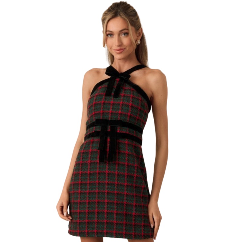 Faye Halter Dress, Check The Halls Print XS