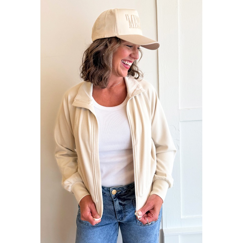 Luxe Sand Wash Rib Zip Jacket Small Natural