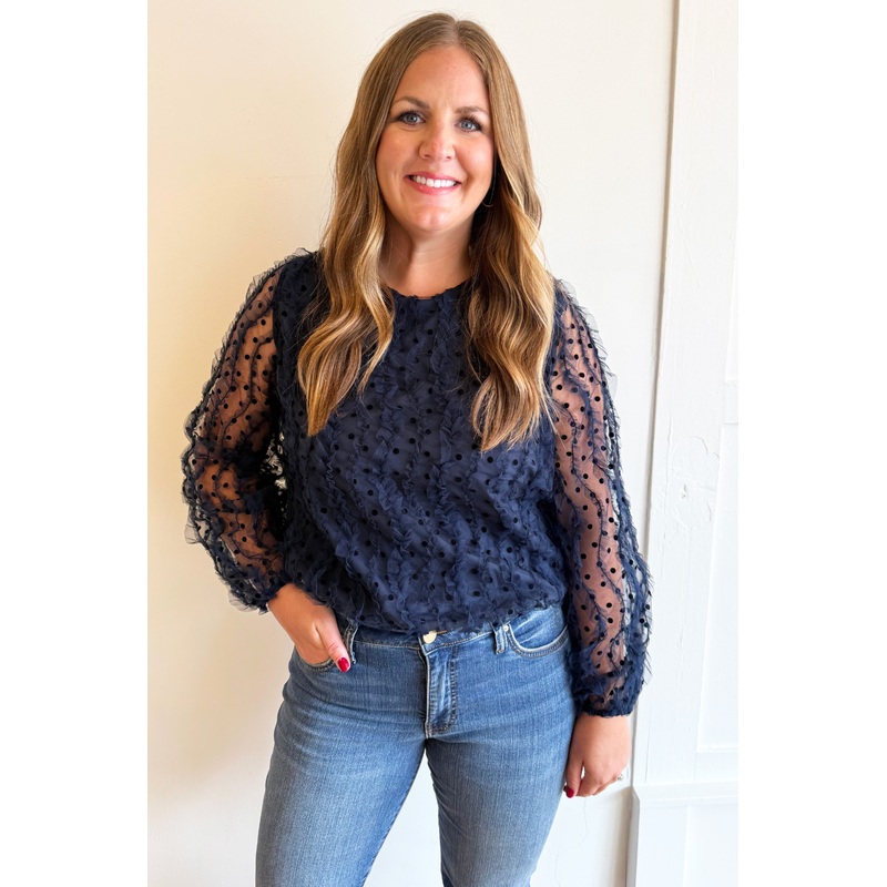 Dotted Balloon Sleeve Blouse Small Navy