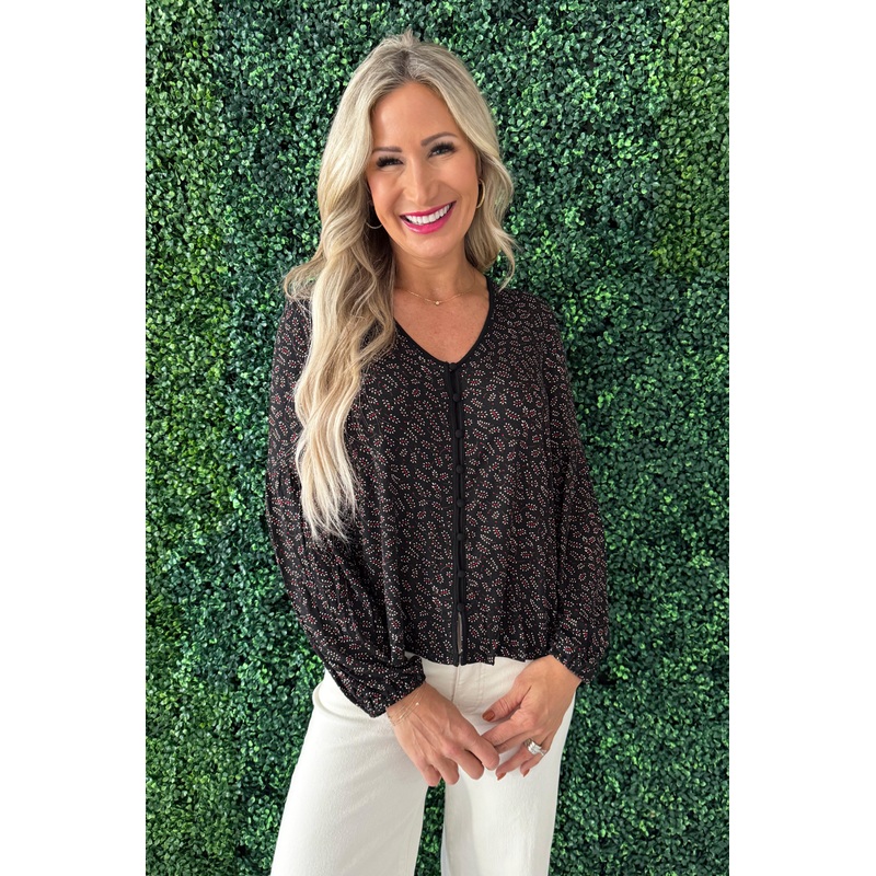 Long Sleeve Button Front Knit Top XS Black Red Ditsy