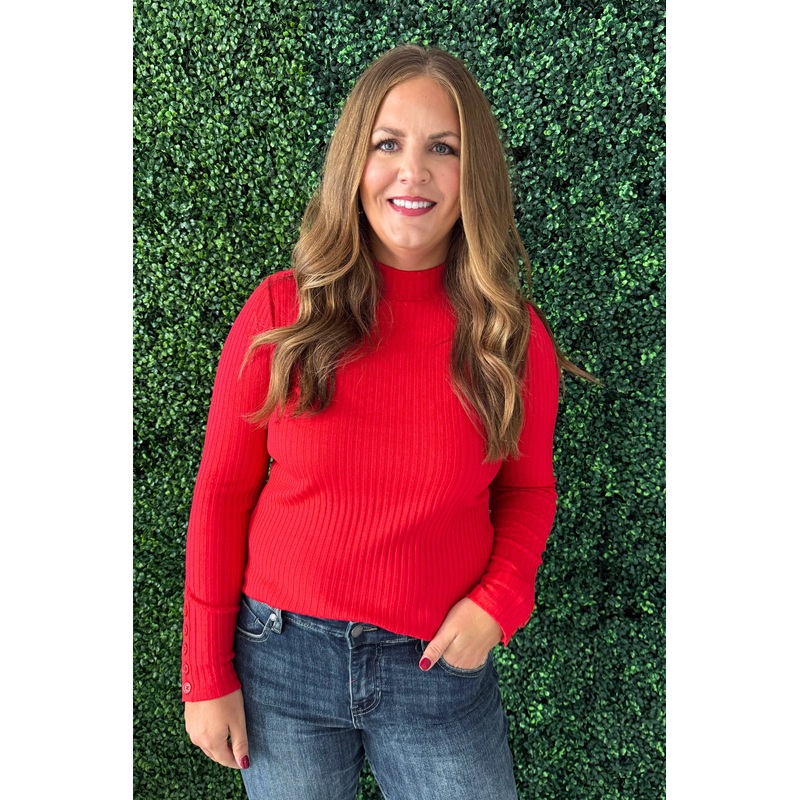 Long Sleeve Mock Neck Knit Top w/ Button Detail XS Tango Red