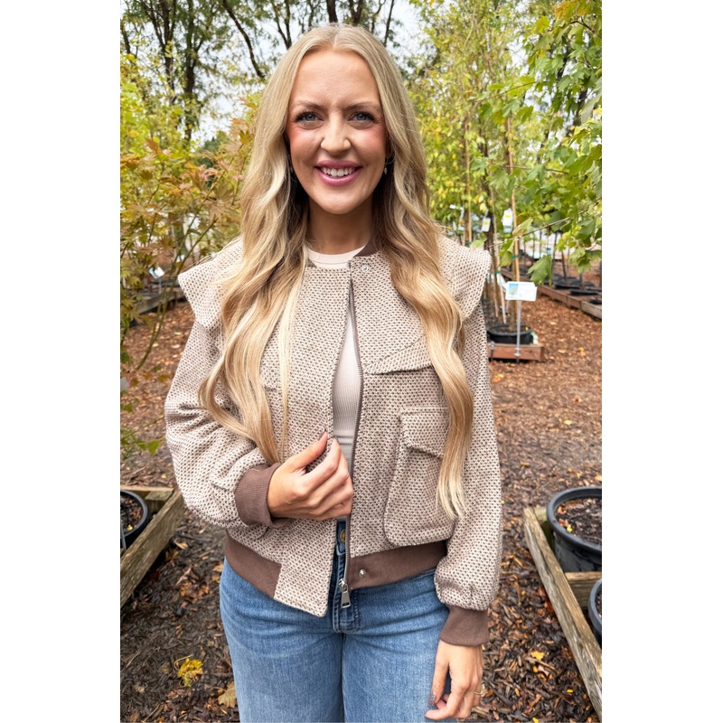 Perforated Pattern Ruffle Detail Bomber Jacket Small Taupe Brown