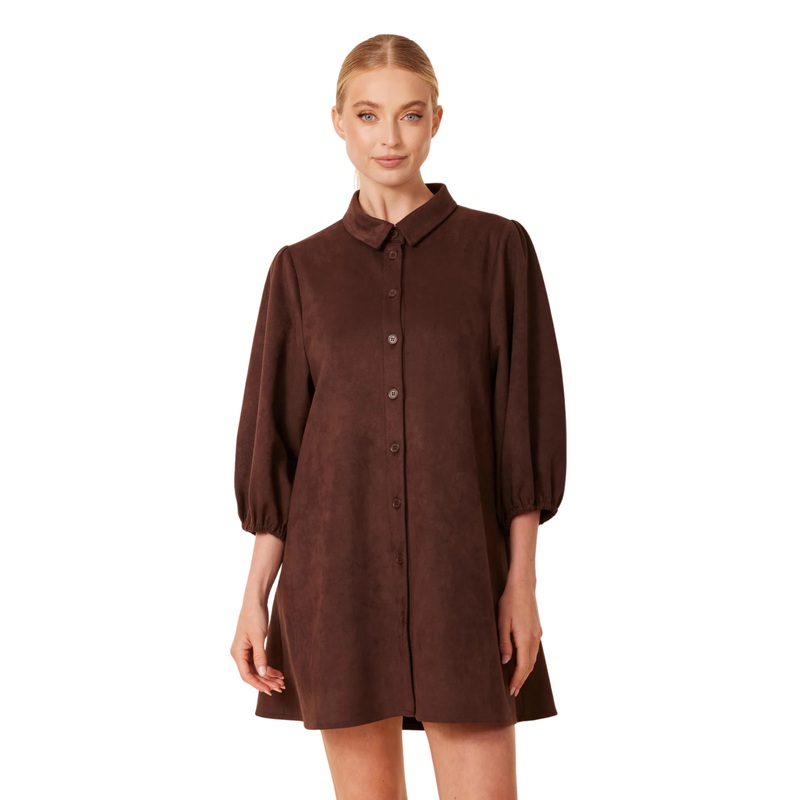 Faux Suede Puff Sleeve Dress, Coffee XS