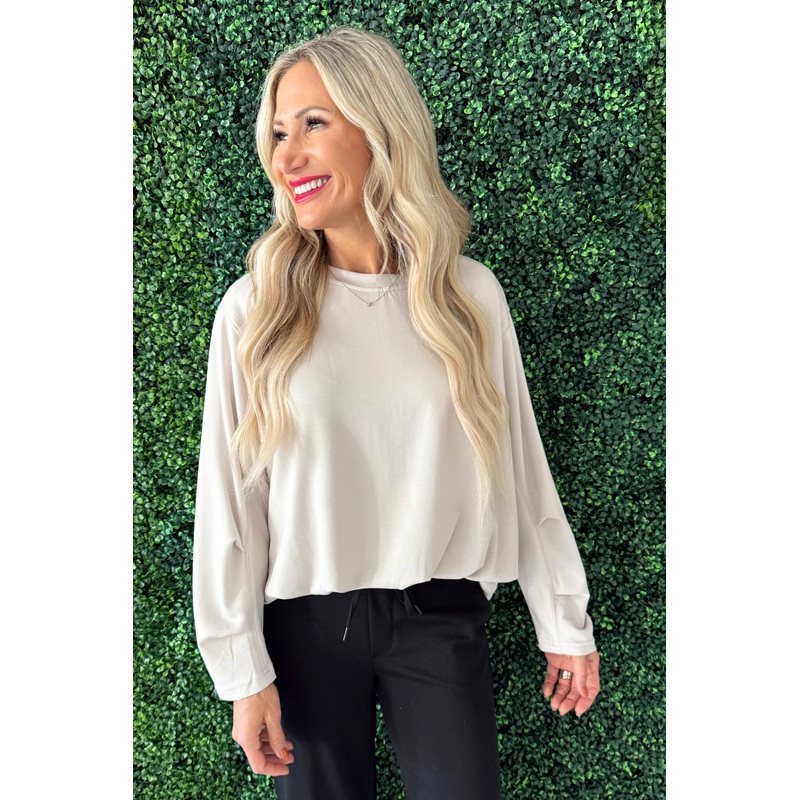 High Low Ruched Bubble Hem Long Sleeve Top Small Natural