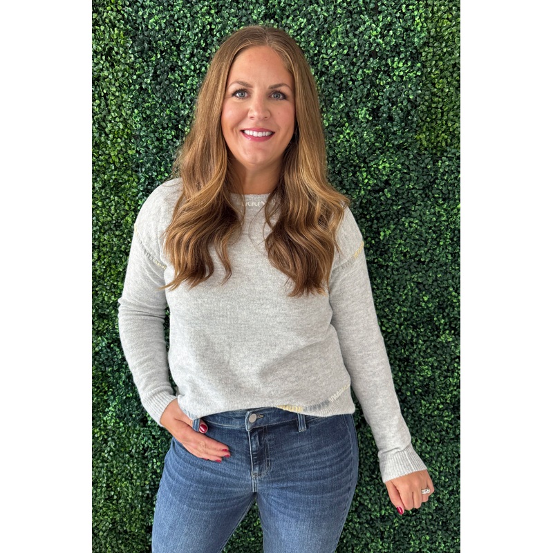 Multi Color Stitch Accent Crew Neck Pullover Sweater Small Heather Grey