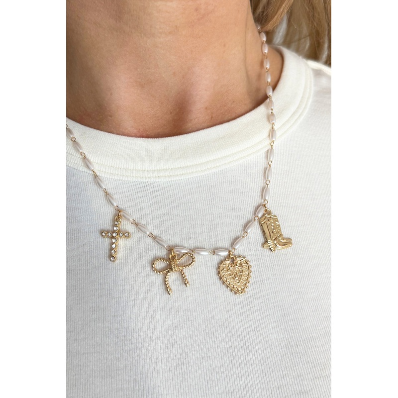 Rice Pearl with Charms Necklace Gold