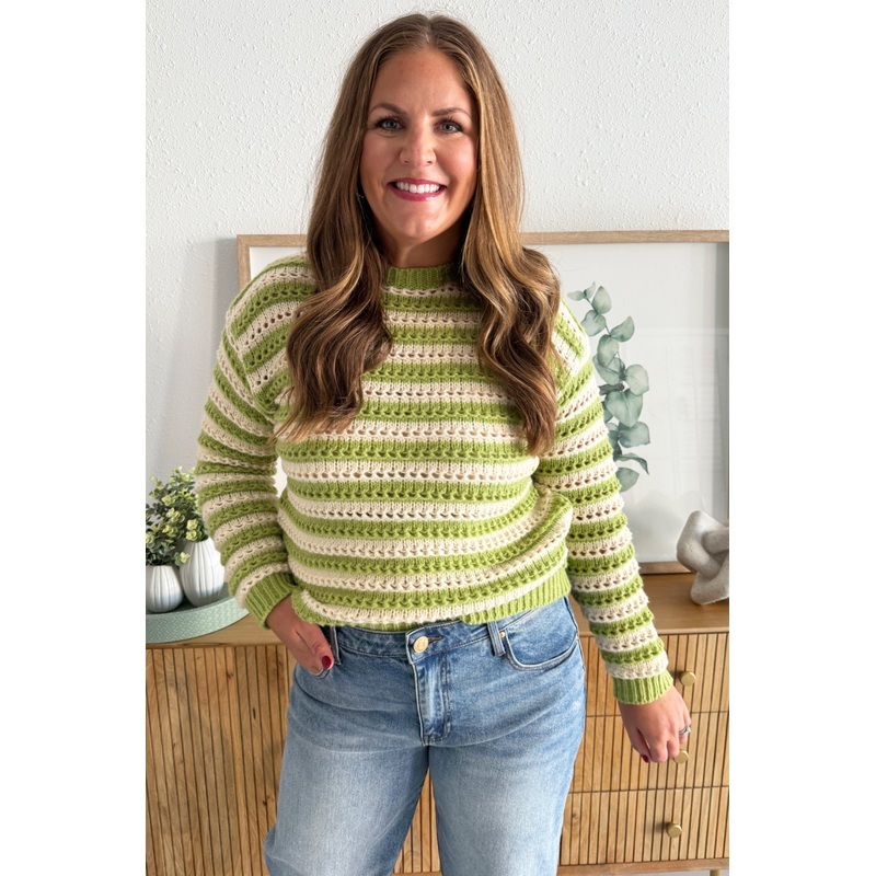 Striped Pointelle Knit Sweater Small Dusty Citron/Cream
