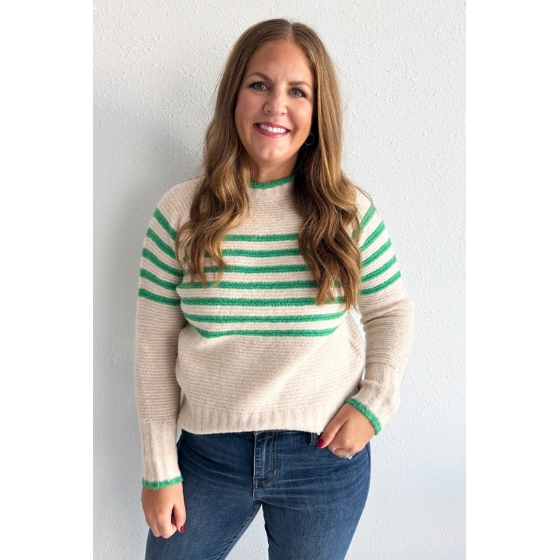 Texture Striped Contrast Color Pullover Sweater Small Green