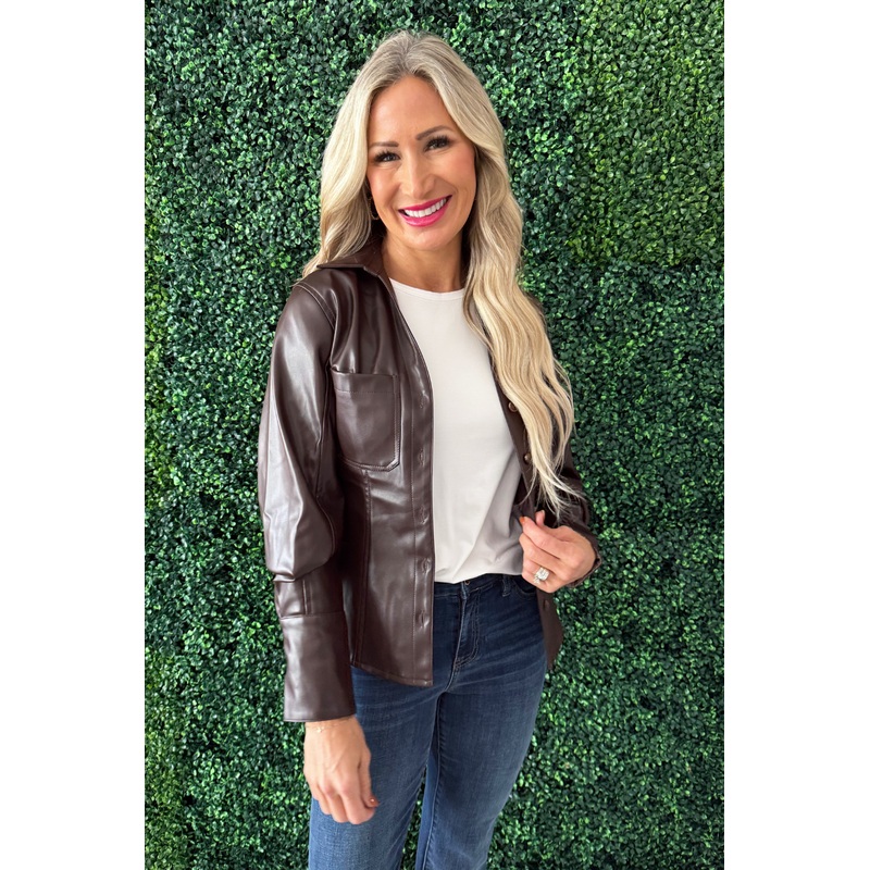 Faux Leather Lapel Collar V-Neck Button Down Shirt Small Choco Brown