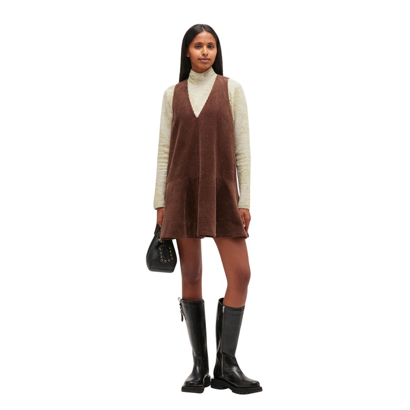 Seersucker Corduroy V-Neck Mini Dress, Chicory Coffee 34
