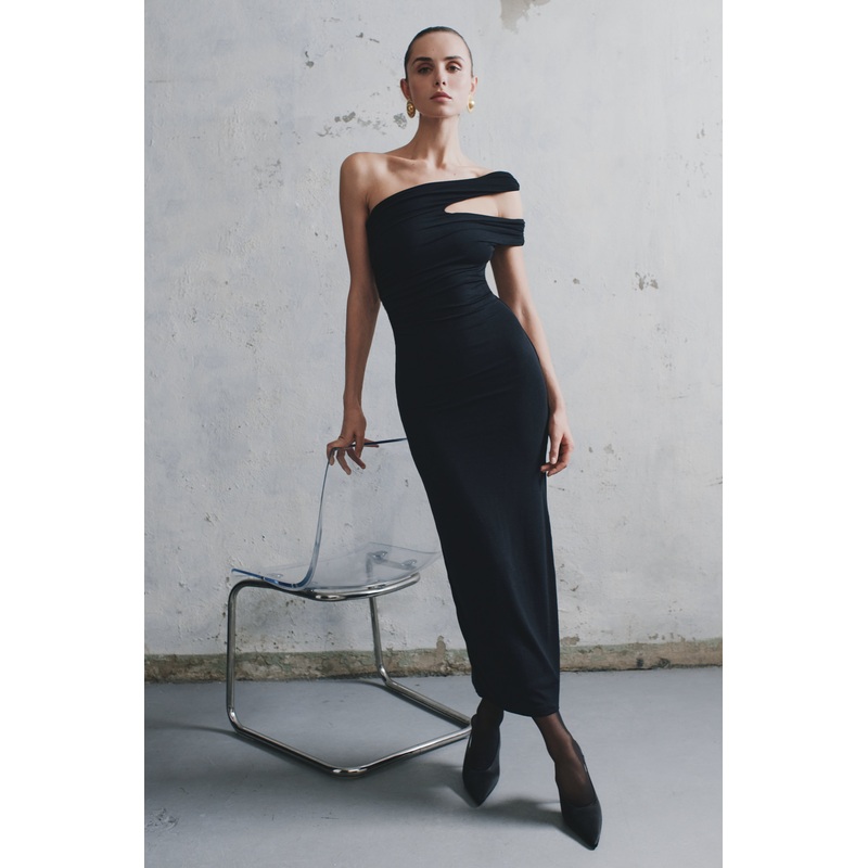 Anastasia One Shoulder Modal Midi Dress – Black XXS