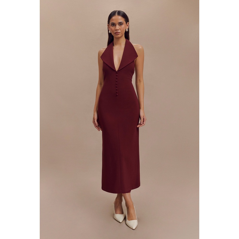Annita Crepe Halter Midi Dress – Merlot XXS