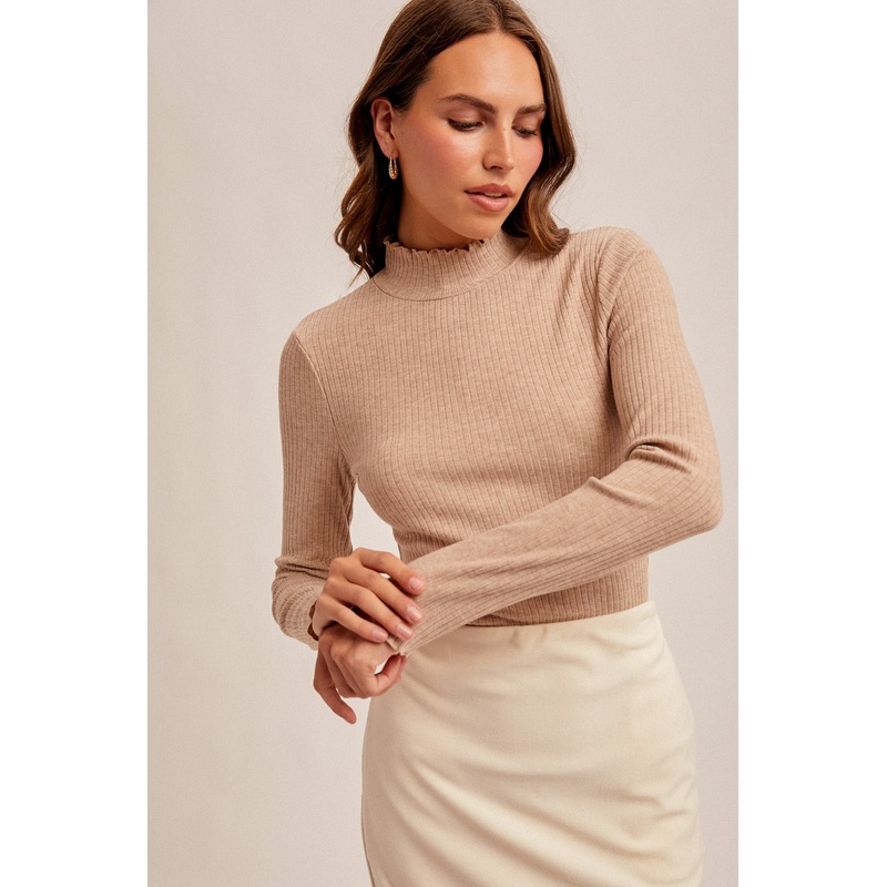 Lettuce Edge Mock Neck Ribbed Long Sleeve Top Small Ivory