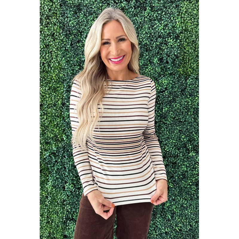 Long Sleeve Boat Neck Knit Top XS Alabaster Multi Stripe