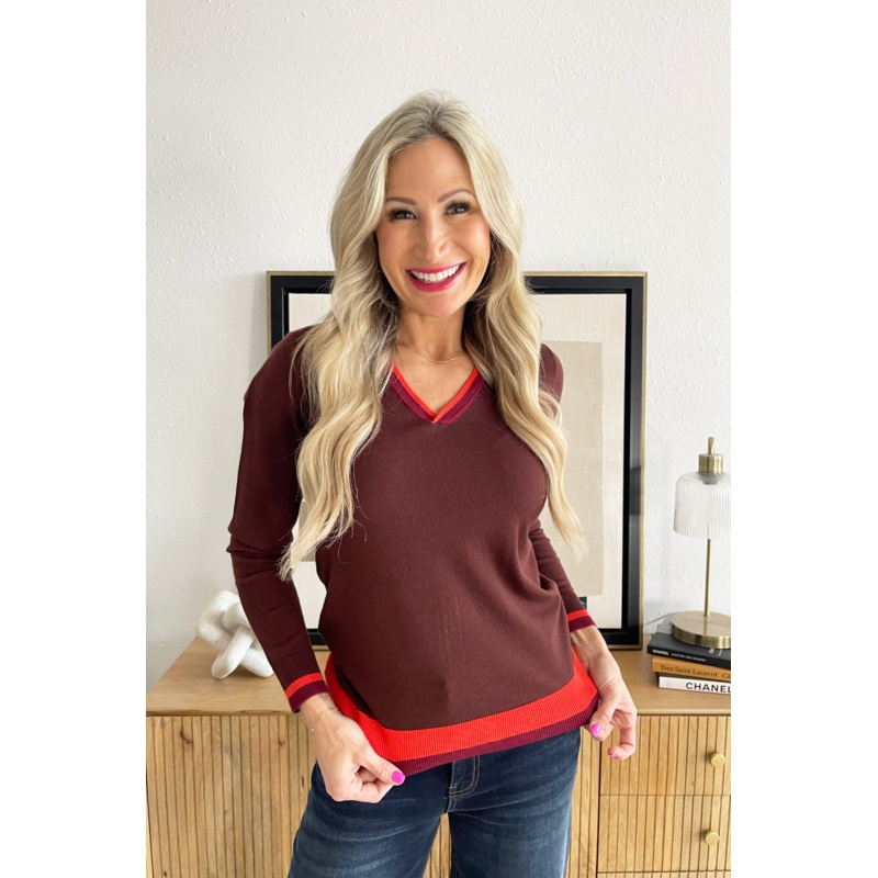 Long Sleeve V-Neck Colorblock Sweater XS Retro Brown Multi