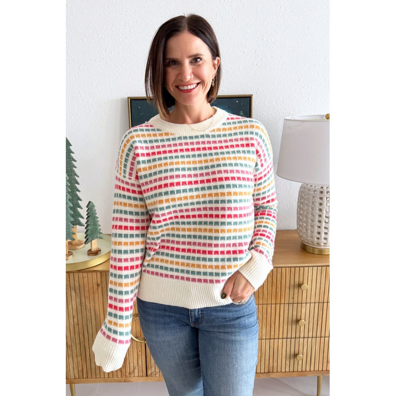 Multi Color Texture Striped Long Sleeve Crew Neck Small Pink/Coral