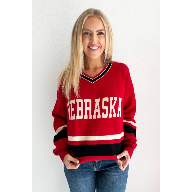 Nebraska Logo V Neck Sweater Small Red/Oatmeal/Black