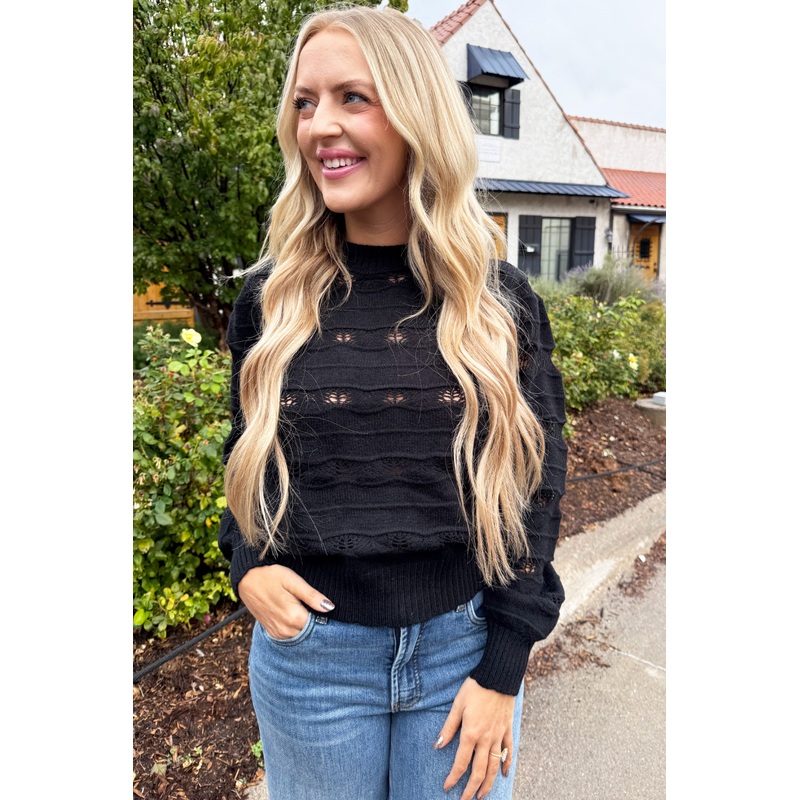 Pointelle Stripe Knit Pullover Small Black