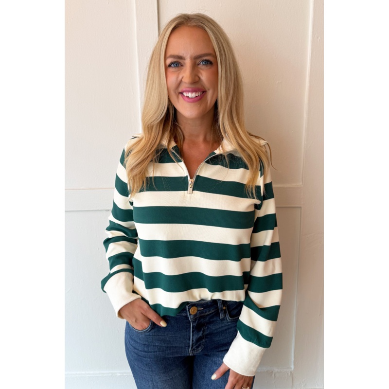 Striped Collared Long Sleeve Quarter Zip Top Small Hunter Green Mix
