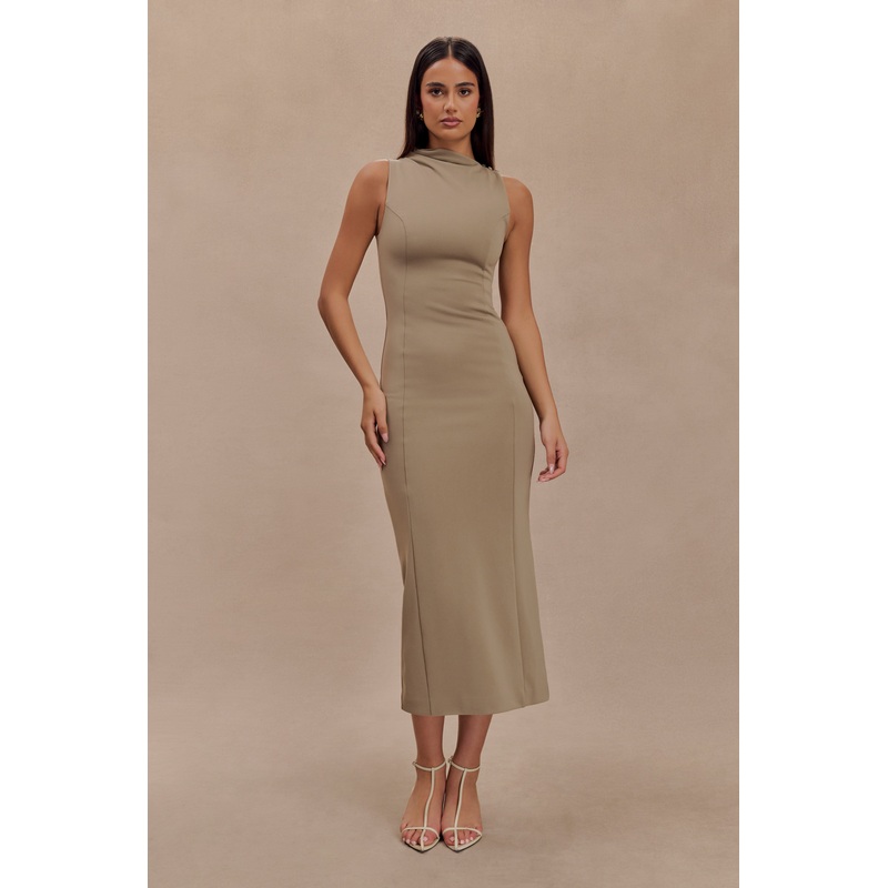 Taylor Draped Stretch Crepe Midi Dress – Mushroom XXS