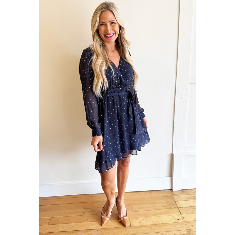 Tie Waist Balloon Sleeve Mini Dress XS Navy Blue