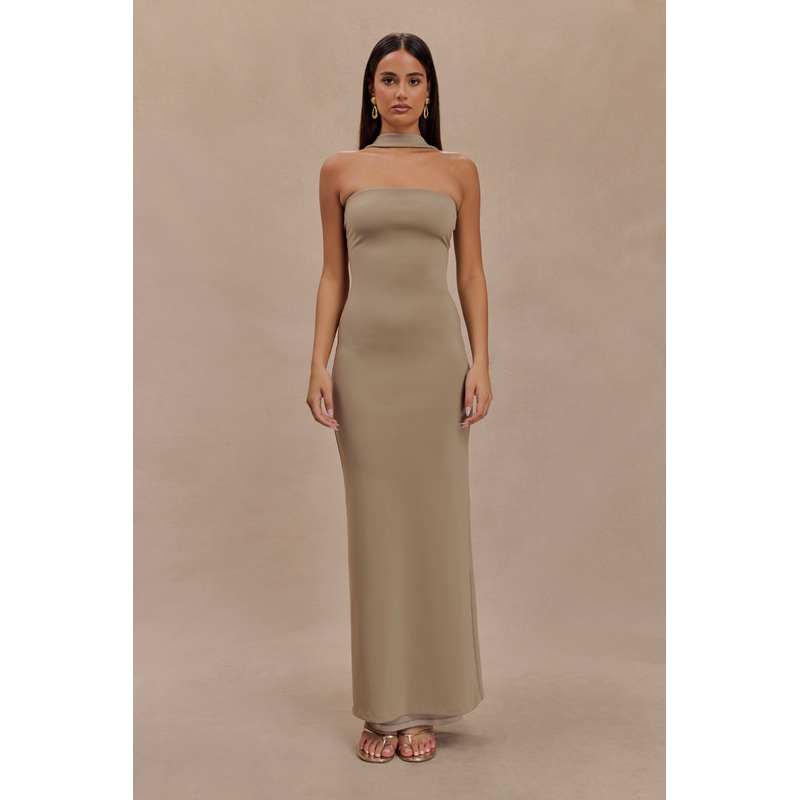 Velma Halter Collar Maxi Dress – Mushroom XXS