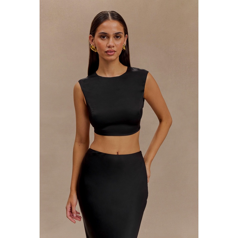 Viviana Satin Sleeveless Crop Top – Black XXS