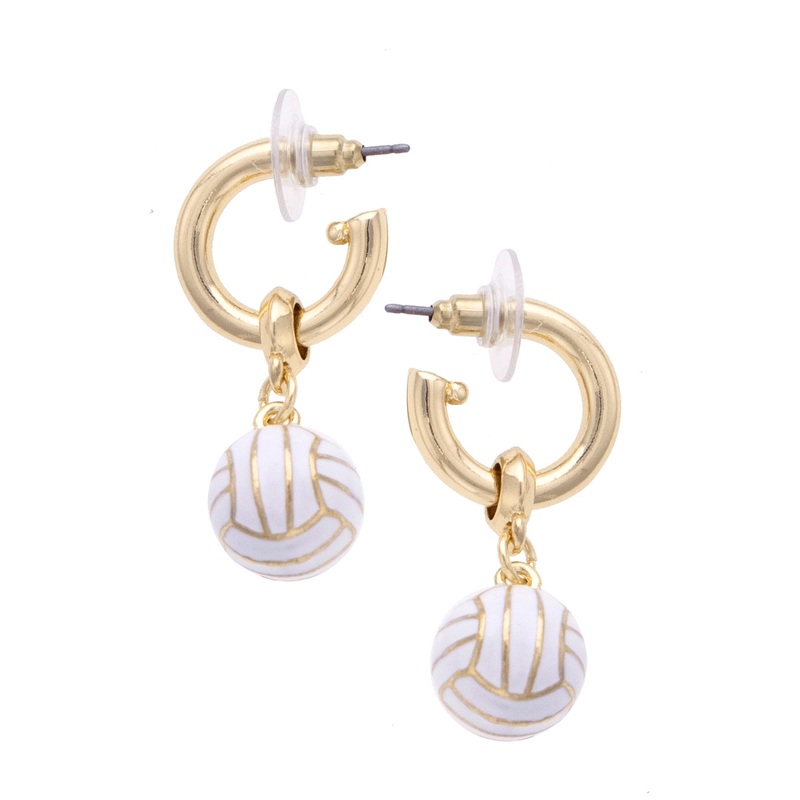Volleyball Enamel Drop Hoop Earrings White