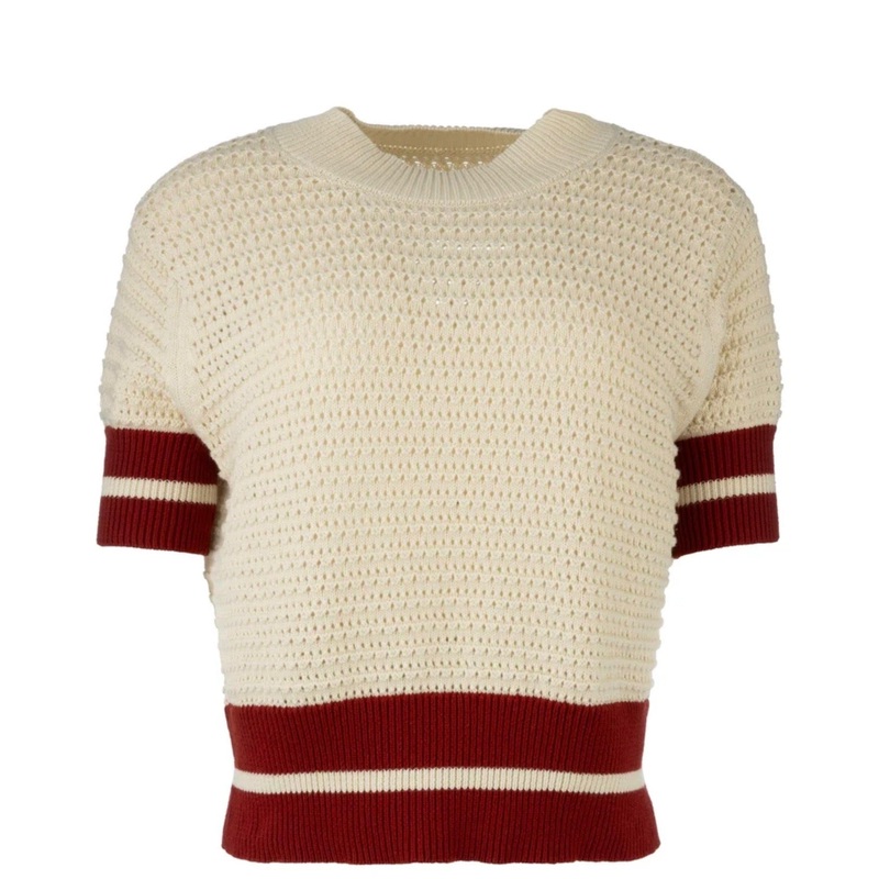 Zyla Pullover Ringer Sleeve Sweater Top XS Ecru/Rust