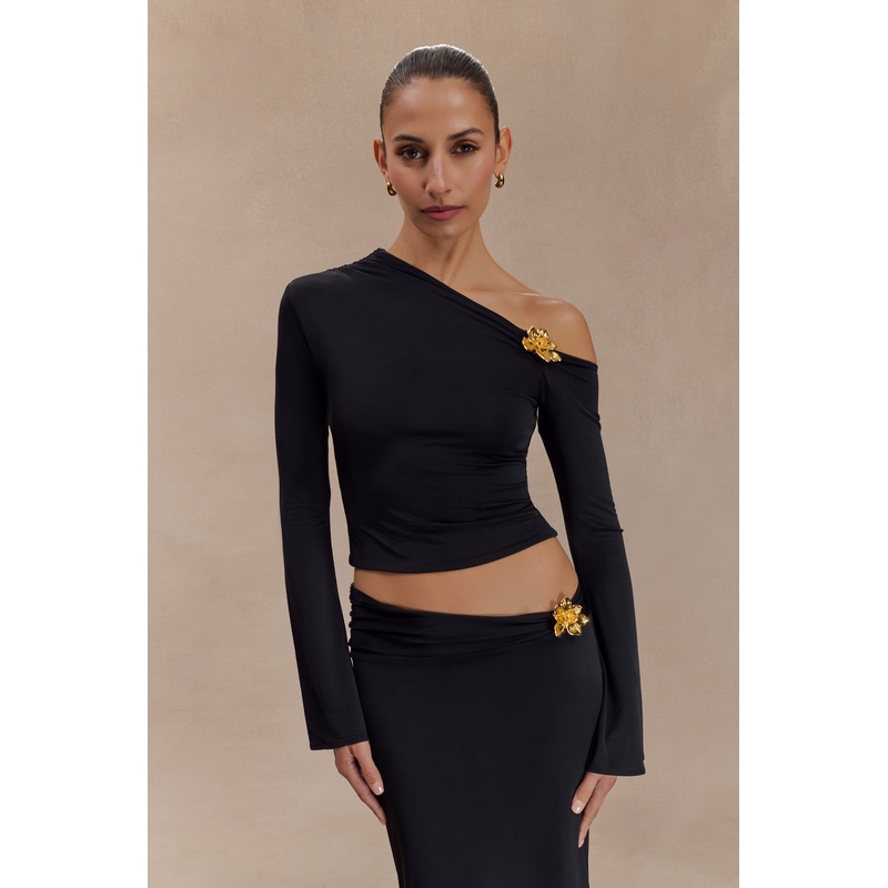Ainsley Asymmetrical Long Sleeve Top With Floral Hardware – Black XXS