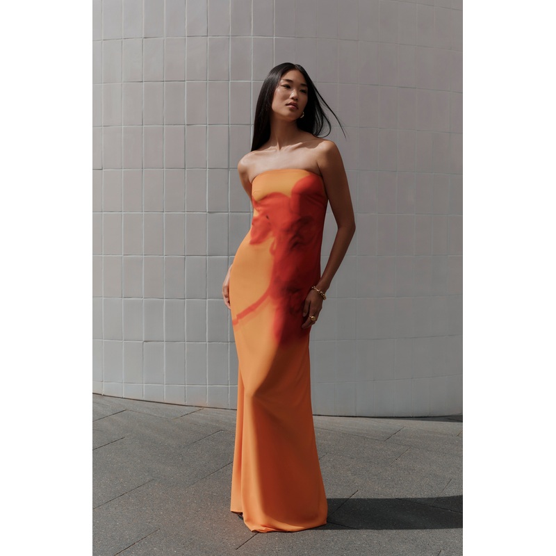 Amaya Strapless Chiffon Maxi Dress – Koi Orchid Print XXS