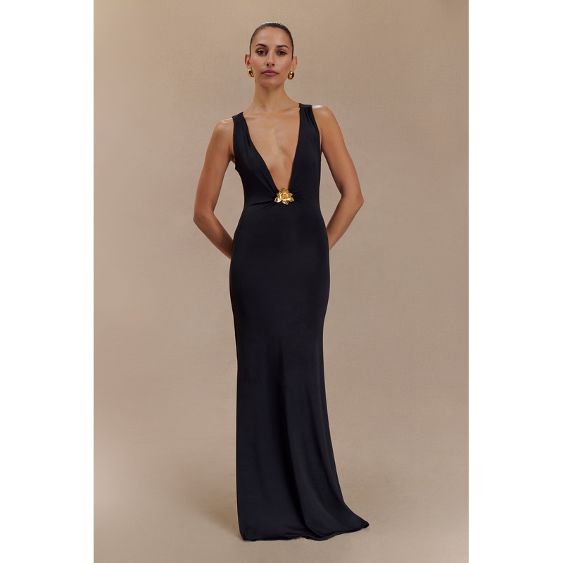 Beck Plunge Maxi Dress With Floral Hardware – Black XXS