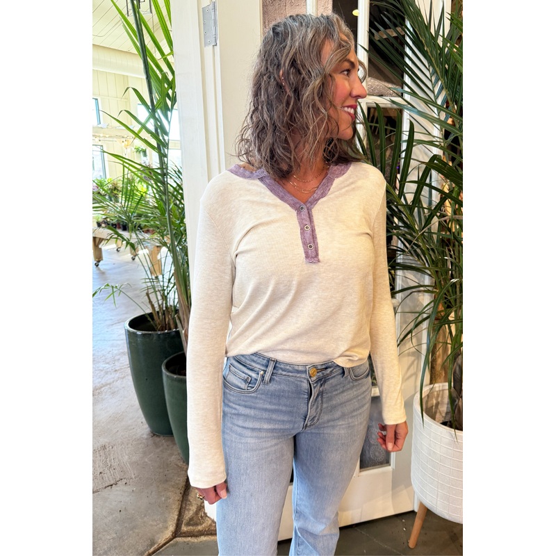 Color Trimmed Button Henley Long Sleeve Top Small Oatmeal/Plum