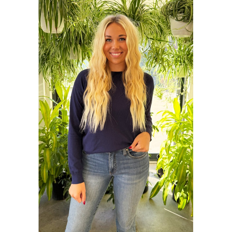 Crew Neck Long Sleeve Pullover Sweater Navy Small