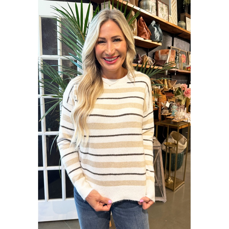 Crew Neck Long Sleeve Striped Soft Pullover Small Taupe